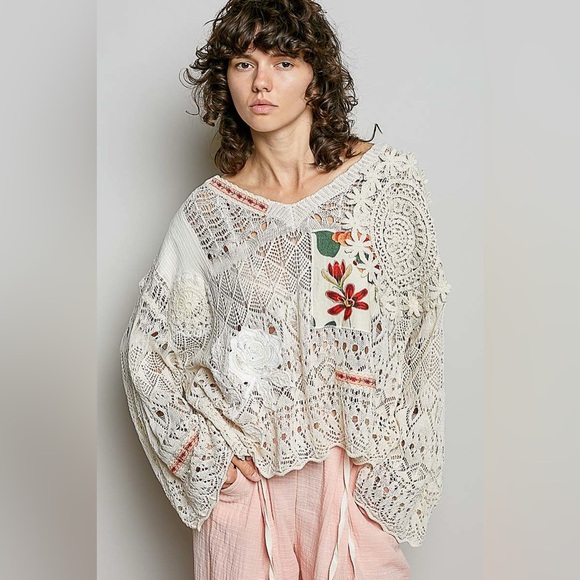 POL Sweaters - POL Cream V-Neck Oversized Floral Patchwork Crochet Top